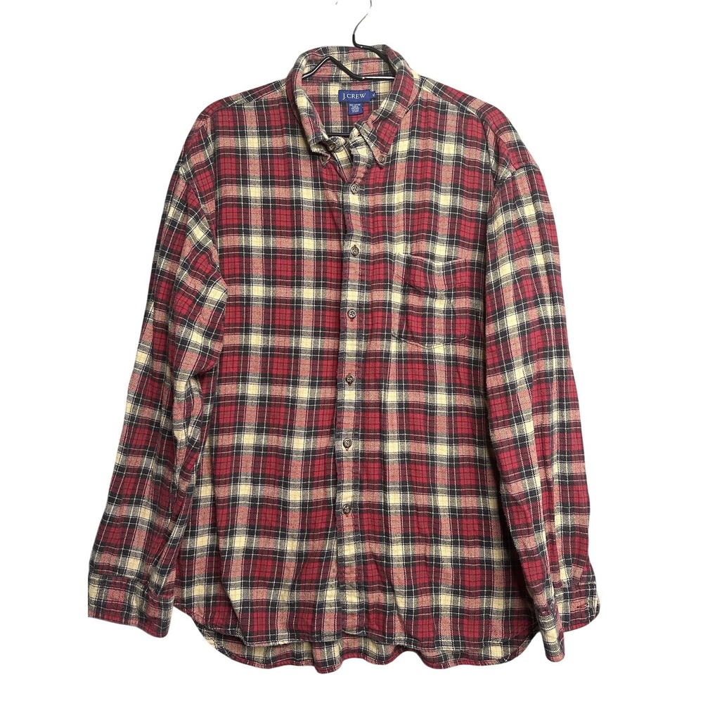 J.Crew Mens Flannel Shirt‎ Button Up Long Sleeve Plaid Red Tan Black XL